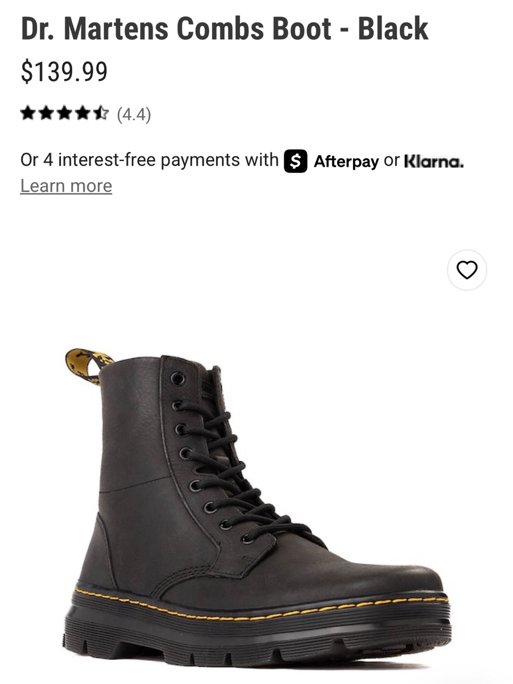 Dr. Martens Black Lace-Up Combs Boot with Yellow Stitching